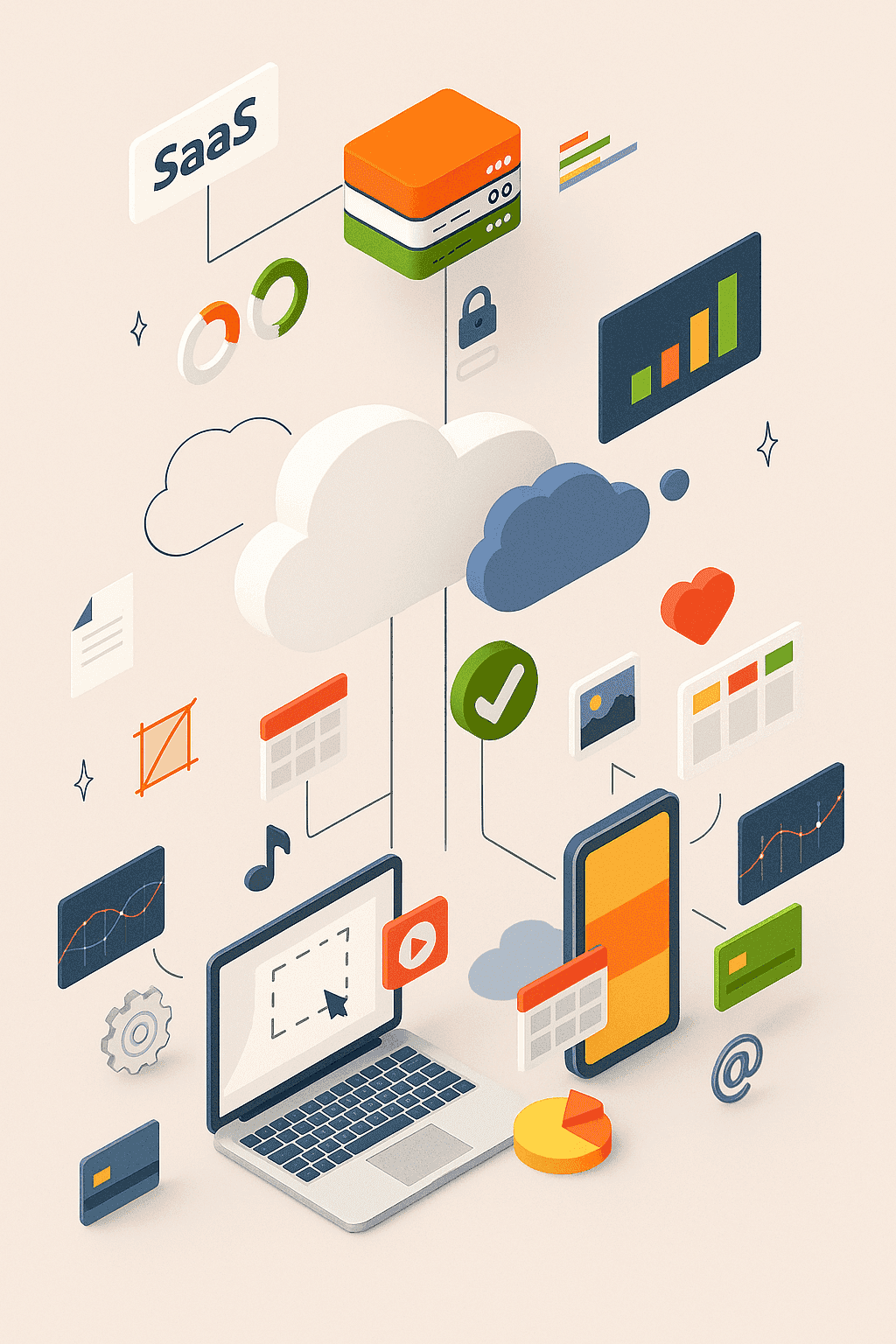 This is a 3D-style digital illustration of software development
