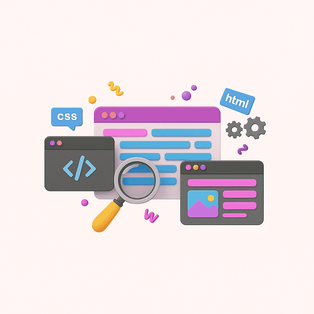 A flat-style digital illustration shows overlapping web browser windows with code, design elements like CSS and HTML icons, and a magnifying glass on a light pink background.
